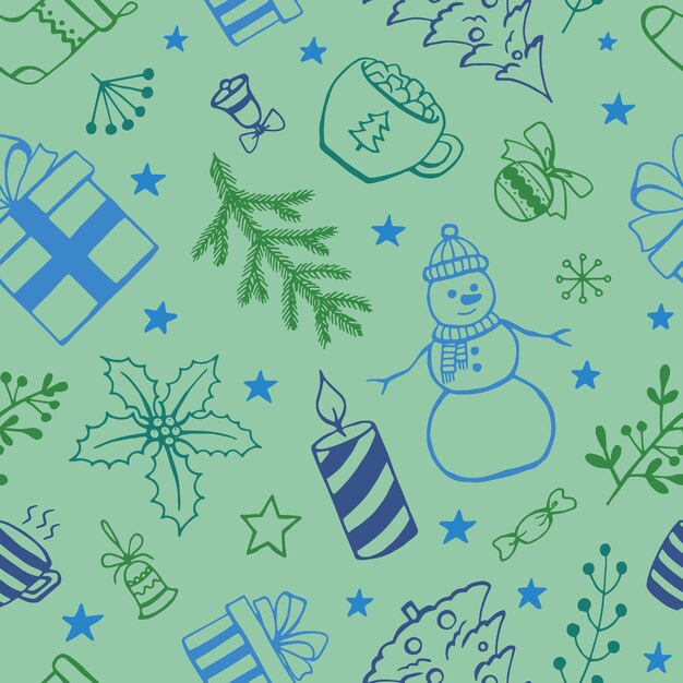 Elementos de doodle de estilo dibujado a mano de patrones sin fisuras de Navidad Ilustración vectorial