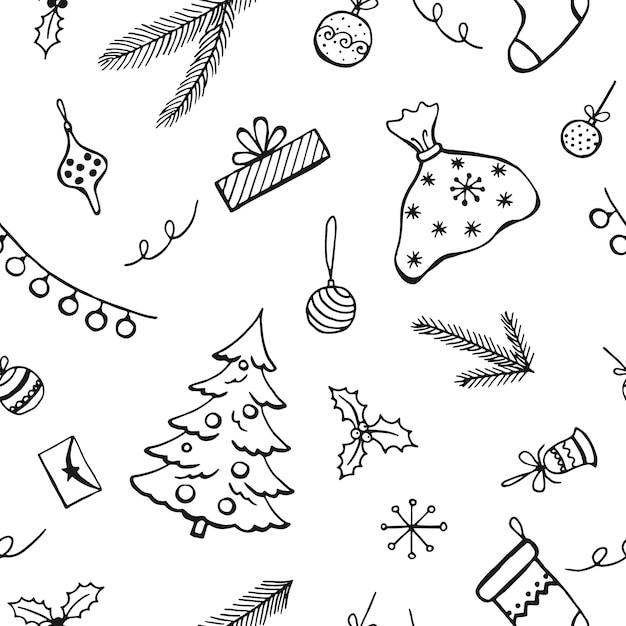 Vector elementos de doodle de estilo dibujado a mano de patrones sin fisuras de navidad ilustración vectorial