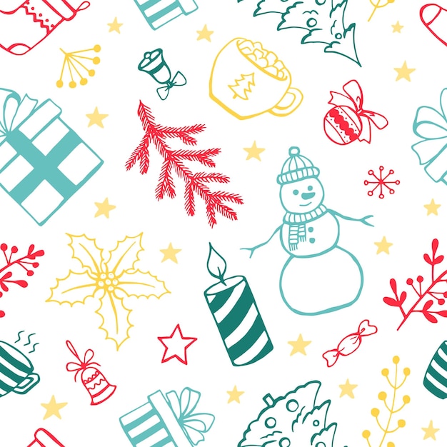 Elementos de doodle de estilo dibujado a mano de patrones sin fisuras de navidad ilustración vectorial