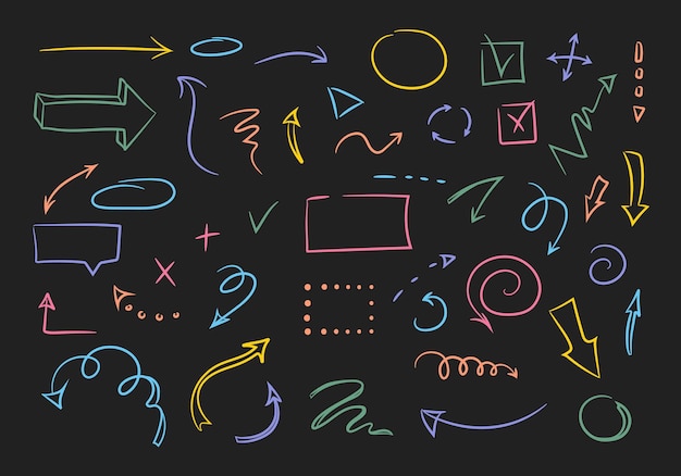 Elementos de Doodle y flechas para infografías y conjunto de iconos marcos bordes
