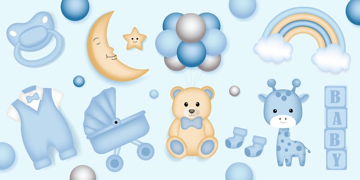 Vector elementos de ducha de bebé con globos juguetes y arco iris en fondo azul invitación de tarjeta de felicitación