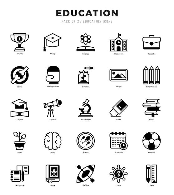 Elementos de educación Lineal Conjunto de iconos web llenados Ilustración vectorial sencilla