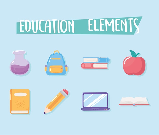 Elementos de educación manzana bolsa libro tubo de ensayo escuela primaria iconos de dibujos animados