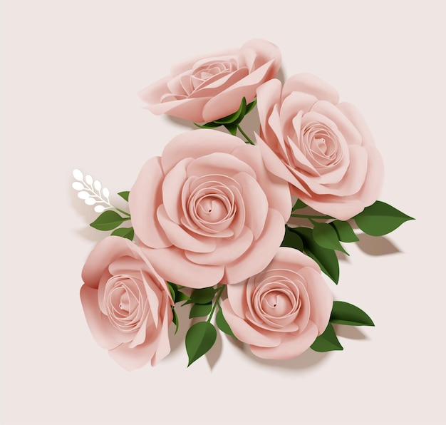 Elementos elegantes del ramo de rosas de papel en la ilustración 3d