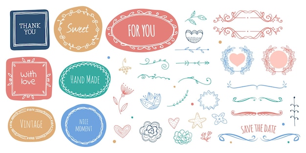 Vector elementos escandinavos linda boda etiquetas hechas a mano separadores de garabatos corazones y signos florales tarjetas o diseño de dibujo vectorial de invitación