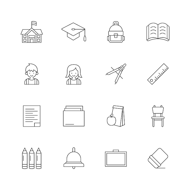 Elementos escolares vectoriales Conjunto de iconos lineales para ilustraciones educativas