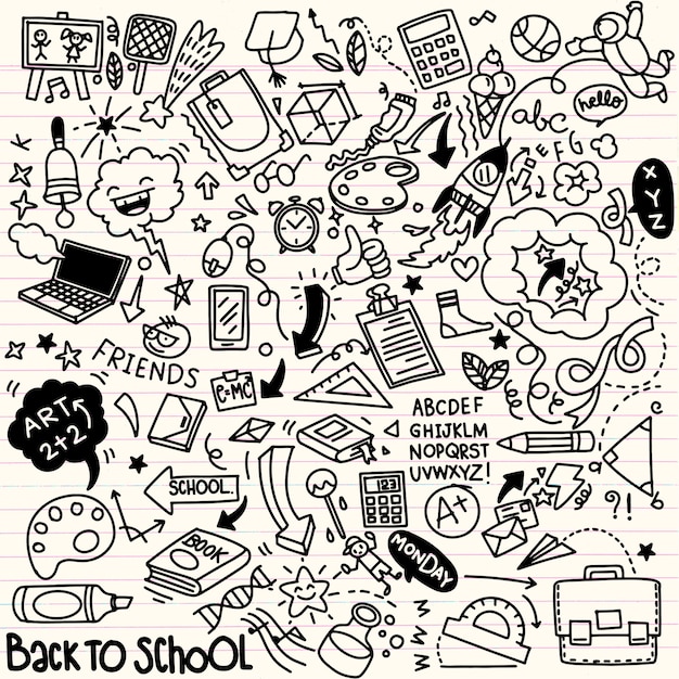 Vector elementos de la escuela del doodle. conjunto dibujado a mano