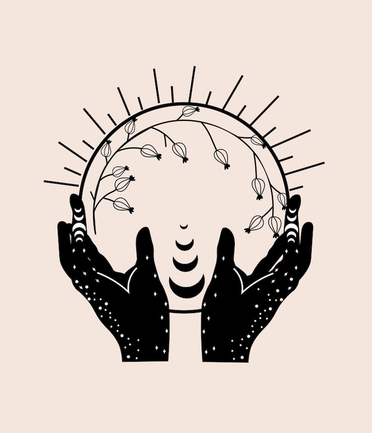 Vector elementos esotéricos en blanco y negro de la astrología mística. luna celestial con manos femeninas.