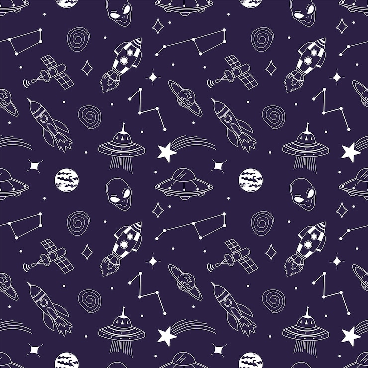 Vector elementos espaciales dibujados a mano patrón sin costuras ilustraciones de contorno vectorial para impresiones de camisetas, carteles y otros usos