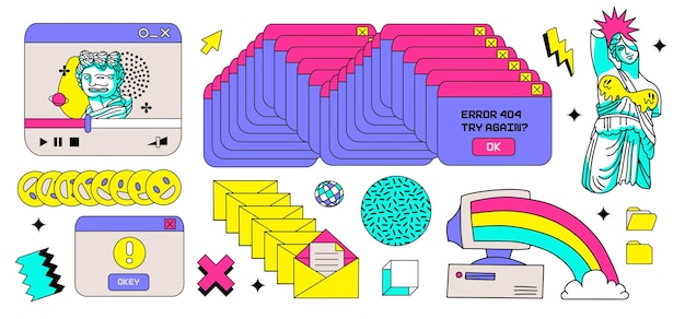 Los elementos estéticos de la computadora antigua de neón Yk establecen paneles de PC retro interfaz de usuario escultura griega psicodélica