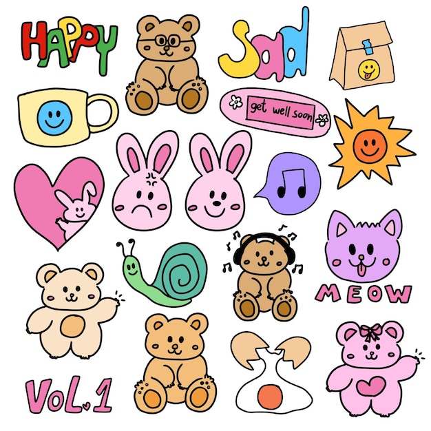 Elementos de estilo de dibujo de niño de oso de peluche conejo gato huevo sol fuente feliz para pegatinas bonitas imprimir