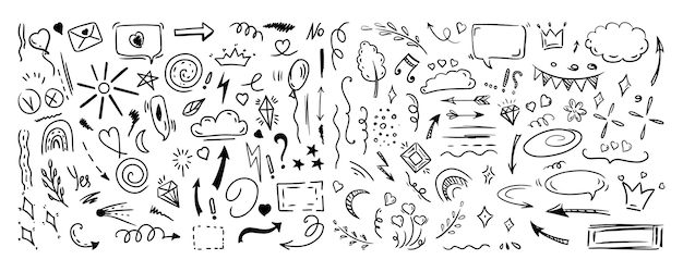 Elementos de estilo de línea de boceto simple Doodle elementos de línea de pluma de tinta bonitos aislados en fondo blanco