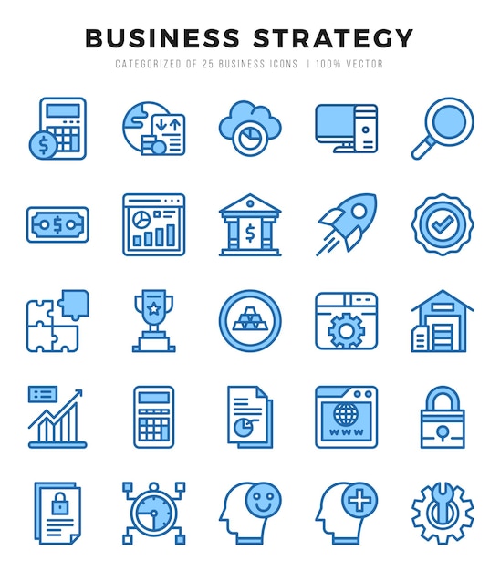 Elementos de la estrategia de negocios Conjunto de iconos web de dos colores Ilustración vectorial sencilla
