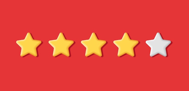 Elementos de estrellas de calificación 3d cuatro de cinco estrellas doradas sobre fondo rojo