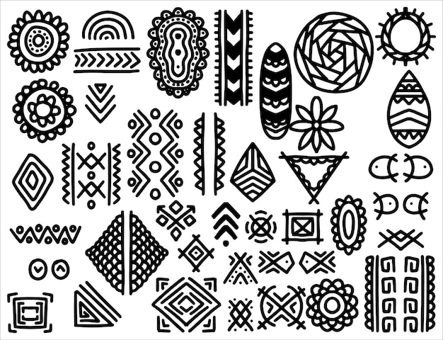 Elementos étnicos tribales dibujados a mano en estilo blanco y negro Colección de formas de arte africano abstracto conjunto de decoración de garabatos tribales Formas étnicas aleatorias textura de estampado animal y dibujado a mano tradicional