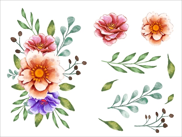 Elementos de fama de flor de color de agua con ramo y hojas.