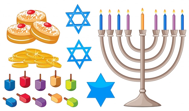 Vector elementos felices de hanukkah con símbolos judíos