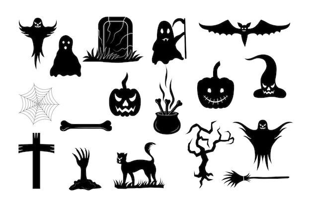Elementos de feliz halloween establecer diseño de colección de silueta de vector sobre un fondo blanco