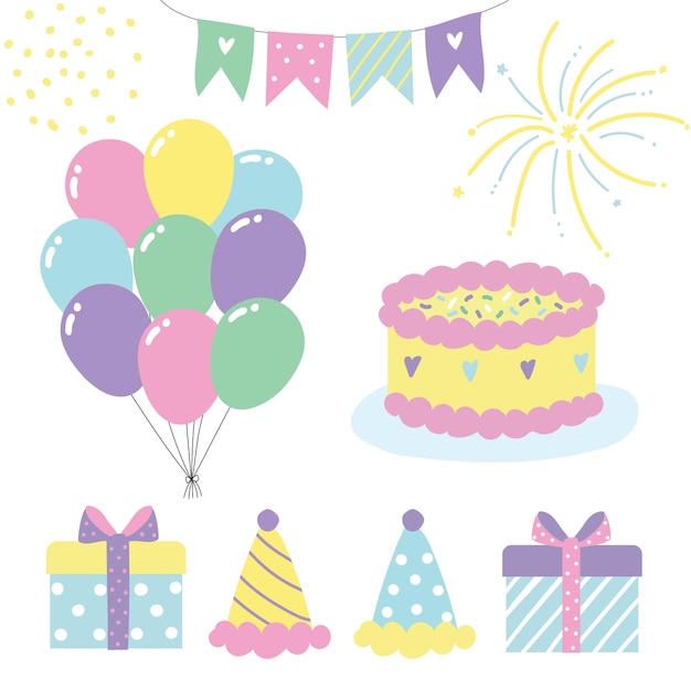 Elementos de la fiesta de cumpleaños en diseño plano