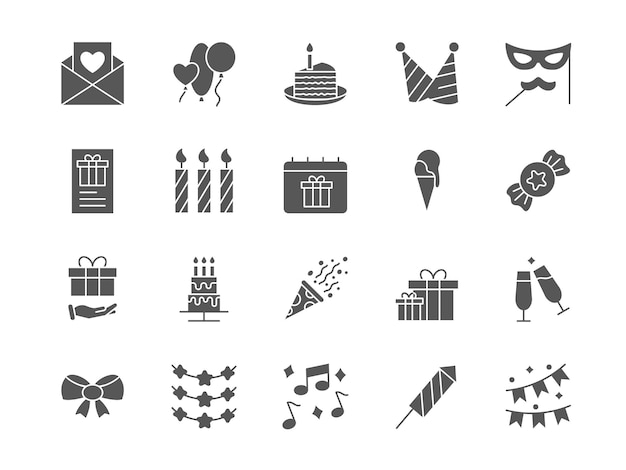 Elementos de la fiesta de cumpleaños Iconos de silueta negra Símbolos de eventos felices Sombrero divertido Balones y pastel festivo Concepto de vacaciones Toast de felicitación Comida de Navidad Conjunto de pictogramas vectoriales
