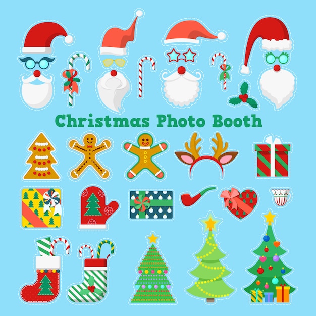 Elementos de fiesta de feliz Navidad Photo Booth con gafas, accesorios y astas. ilustración