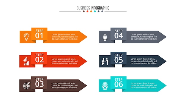 Elementos de flechas para infografía seis opciones para presentación de negocios