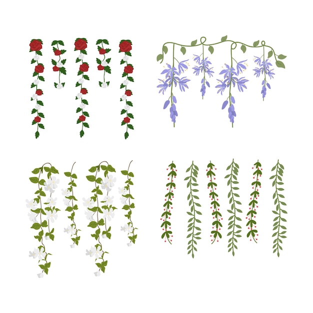Vector elementos de flores colgantes ilustración de hojas de plantas colgantes en el hogar cadena de níquel aislados en