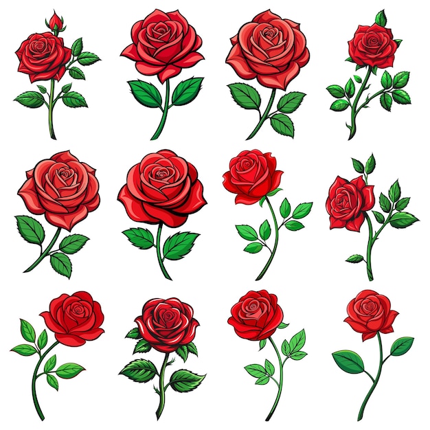 Elementos de flores de rosas de dibujos animados Rosas en flor rojas para la decoración de ramos Símbolo floral romántico