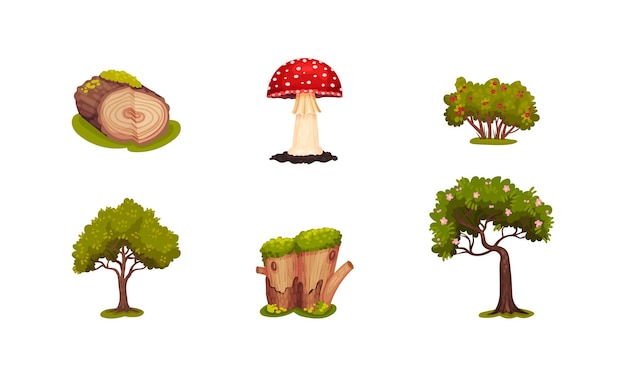 Elementos forestales con set vectorial de hongos de tronco de musgo y árboles