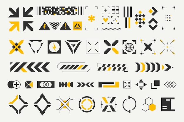 Elementos futuristas de ciencia ficción en negro y amarillo con interfaces temáticas de cyberpunk y superposiciones de hud