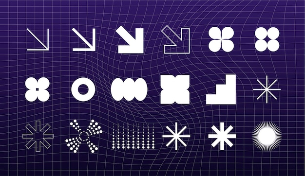 Elementos futuristas retro para el diseño Gran colección de símbolos y objetos geométricos gráficos abstractos en estilo y2k Plantillas para notas carteles pancartas pegatinas tarjetas de visita logotipo