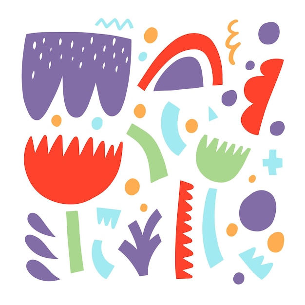 Elementos de garabatos abstractos de estilo de dibujos animados coloridos. Ilustración vectorial dibujada a mano.