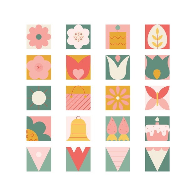 Elementos geométricos modernos de Pascua abstractos Iconos con flores de primavera banderas de pastel.
