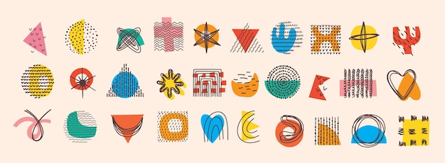 Elementos gráficos abstractos en estilo minimalista y de moda dibujados a mano en formas de garabateo, manchas y gotas