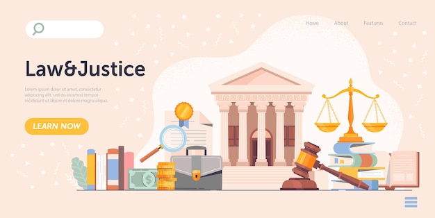 Elementos gráficos de la guía de la página de inicio del concepto de derecho y justicia para sitios legales abogados notarios jueces