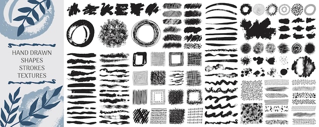 Elementos gráficos de pincel Naturaleza orgánica trazas de línea y círculo texturas negras colección de manchas ásperas formas de patrón para diseño hecho a mano Vector trazas de cepillo aisladas abstractas