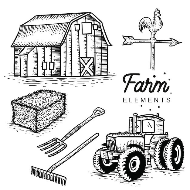 Elementos de la granja dibujados a mano.