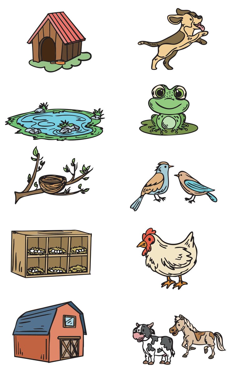 Elementos de la granja y la vida silvestre Animales Nido de granero y conjunto de ilustraciones de estanque