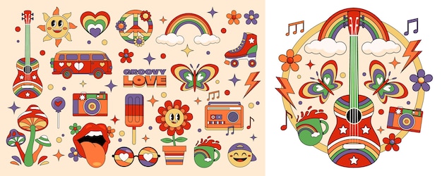 Elementos groovy e ilustración en estilo dibujado a mano