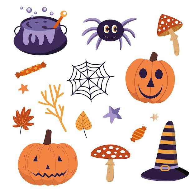 Elementos de halloween dibujados a mano. Ilustraciones infantiles, elementos coloridos para fiestas, invitaciones.