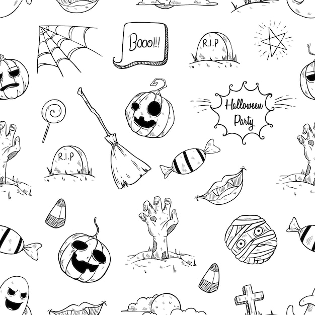 Elementos de Halloween en patrones sin fisuras con estilo dibujado a mano