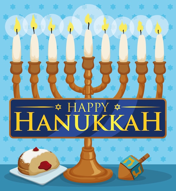 Vector elementos de hanukkah chanukiah con velas gelt moneda dreidel sufganiyot y latke detrás de una cinta azul