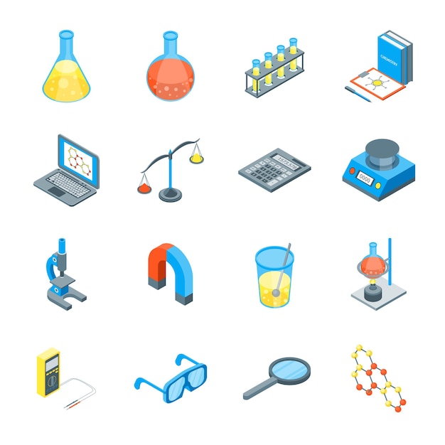 Elementos y herramientas científicas Conjunto de iconos 3d Vista isométrica Incluir de molécula de vaso de microscopio de tubo e imán Ilustración vectorial de icono