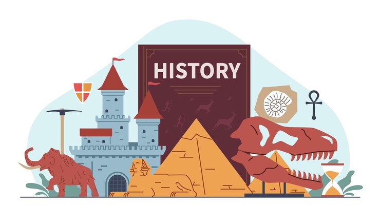 Vector elementos de historia composición períodos de tiempo elementos de civilizaciones antiguas asignatura escolar libro histórico pirámides egipcias huesos de dinosaurios y dibujos animados de castillos concepto vectorial actual