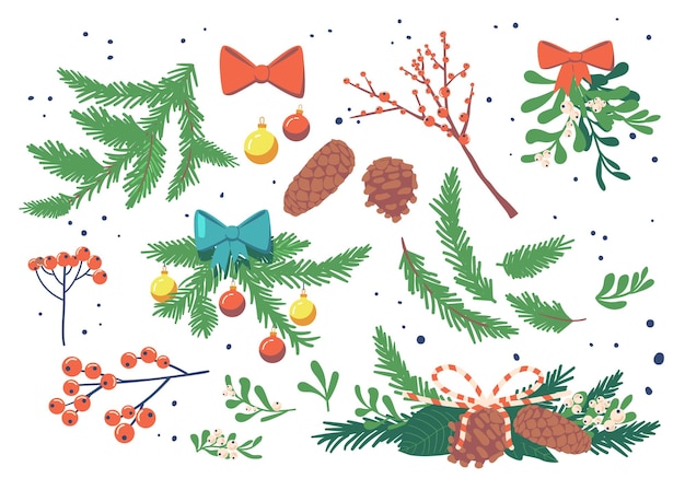 Elementos de hojas y bayas de invierno. Hoja, abeto, ramas de pino, arcos y conos, baya. Colección de Navidad por invitación