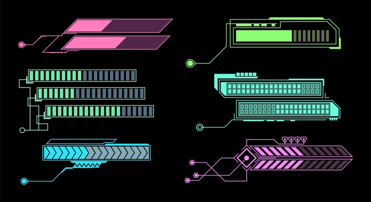 Vector elementos de hud barra de llamada futurista diseño de cuadros de información digital moderno visualización abstracta paneles interactivos de usuario brillantes paneles cuadrados de menú vr con vector de espacio de copia aislado en conjunto negro