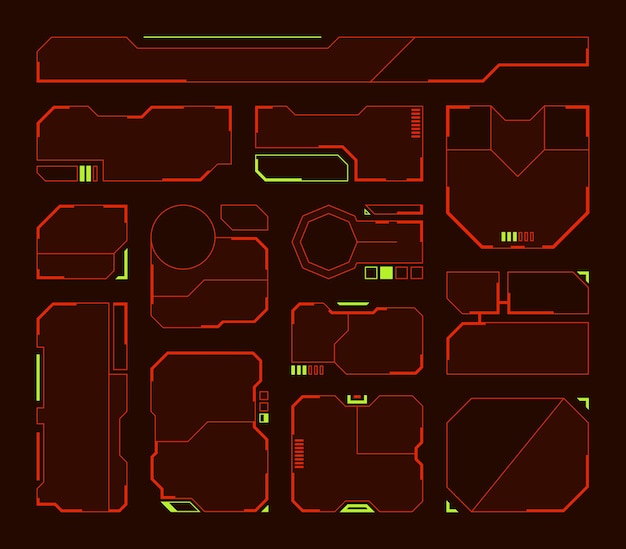 Elementos de hud. Marcos y bordes futuristas paneles tecnológicos formas símbolos tecnológicos chillones vector hud conjunto aislado. Panel de interfaz de pantalla de ilustración, tecnología de borde del tablero