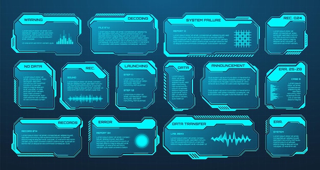Vector elementos hud o ui futuristas azules interfaz de usuario de ciencia ficción cajas de texto llamadas marcos de mensajes de advertencia