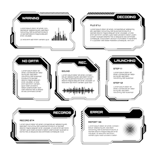Elementos hud ui futuristas negros interfaz de usuario de ciencia ficción cajas de texto llamadas marcos de mensajes de advertencia