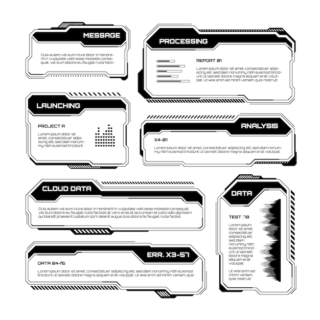 Elementos hud ui futuristas negros interfaz de usuario de ciencia ficción cajas de texto llamadas marcos de mensajes de advertencia